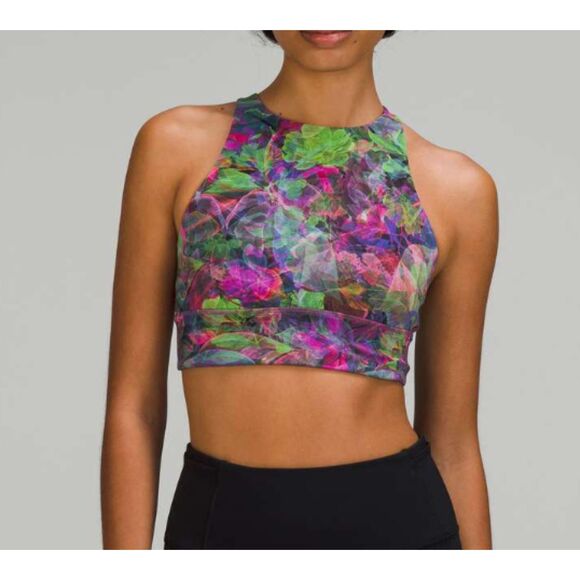 Women Lululemon Energy High-Neck Longline Tough Bra Vivid Floral Tone Multi Sz 6 - Picture 1 of 7